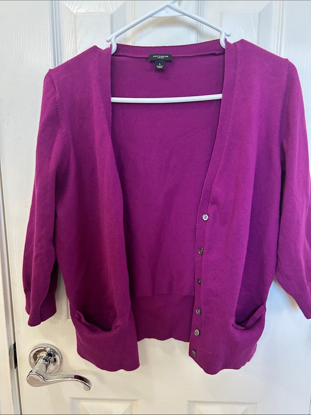 Ann Taylor Magenta Button-Front Lightweight Cardigan